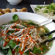 Chicken Pho and pork spring rolls, Noodle House in Chico. Delicious!