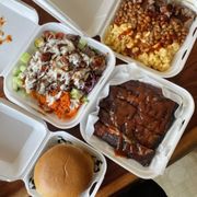 Brisket salad, brisket bowl, 4 rib bones, bbq brisket sandwich