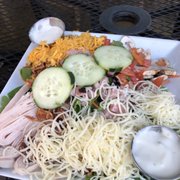 Chef Salad! Loaded with bacon, ham, turkey, 2 cheeses, mushrooms, tomatoes and cucumber.Greens were spinach, arugula and romaine(I think)