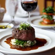 a plate of food and a glass of wine