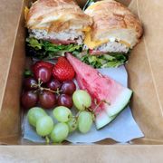 Chicken Tarragon Salad on a croissant with fresh fruit