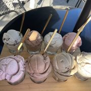 2 vegan ice cream flights:  Back row - Mint Chip, Rocky Road, Vanilla Bean, Summer Plum Front row - Strawberry, Chocolate, Cold Brew, Chai