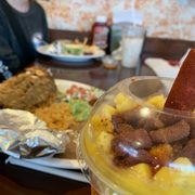a plate of food and a drink