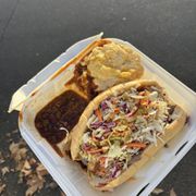 Pulled pork sandwich, combo with sweet beans and mac & cheese.