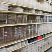 shelves with plastic containers