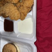 Burger and chicken strip basket.