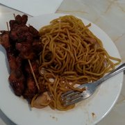 Chicken teriyaki combo. I was only able to eat that little bit of "chicken". I covered the noodles in soy to make them edible.