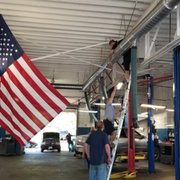 Setting up the flag in our shop.