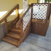 A small deck for the back door of a mobile home.   Built of Doug first and stained with water based stain