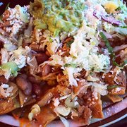 Chicken nachos-- whole pintos & melted cheese + lettuce & no sour cream.