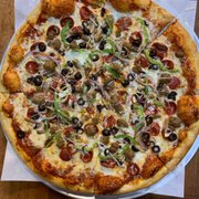pepperoni, olives, and cheese pizza