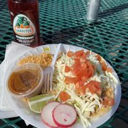 Two veggie tacos and a side of rice