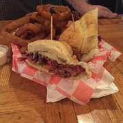 Delicious Pastrami Patty Melt with onion Rings!