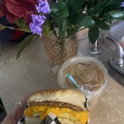 Simple biscuit sandwich and a raspberry mocha