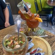 Shrimp cocktail and micheladas!! Fire